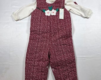 Vintage Baby Togs Baby Girl Burgundy Quilted Floral Jumper Set 12 Mo Cottagecore