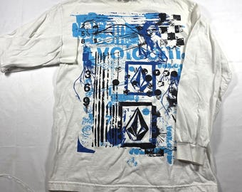 Volcom Herr M Långärmad Graphic T-shirt Vit Blå Abstrakt Skate Y2K Stone