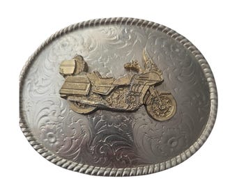 Vintage Made in USA Motorcycle Belt Buckle Silver Gold Tone Floral Western Oval
