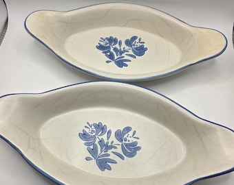 Vintage Pfaltzgraff Yorktowne Blue Floral Lrg Oval Au Gratin Bakers Set of 2