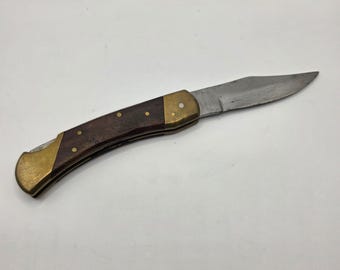 Vtg Pakistan Stainless Folding Lockback Pocket Knife Wood Brass Handle 8.75in