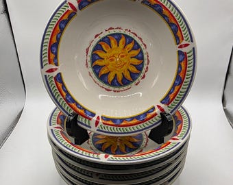 Gibson China Sunface Cereal Bowls Set of 6 White Blue Yellow Celestial Sun 8in