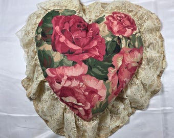 Vintage Heart Pillow Cabbage Rose Floral Lace Ruffle Damask Made in USA