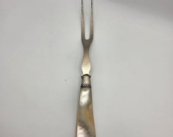 Antique Mother of Pearl Handle Meat Fork Ornate Silver Ferrule Serving 2-Tine