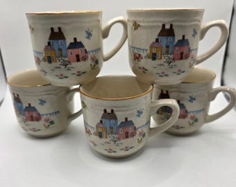 International China Heartland Mugs Set of 5 Folk Art Country Houses