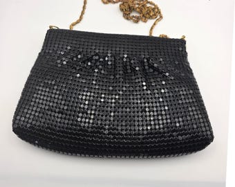 Vintage Black Metal Mesh Evening Bag Gold Chain Strap Clutch Zippered Purse