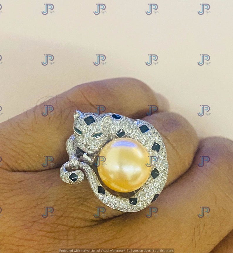 14.20 Cts Unique Panther Engagement Wedding Anniversary Ring for Gift To Love 925 Silver with Pearl
