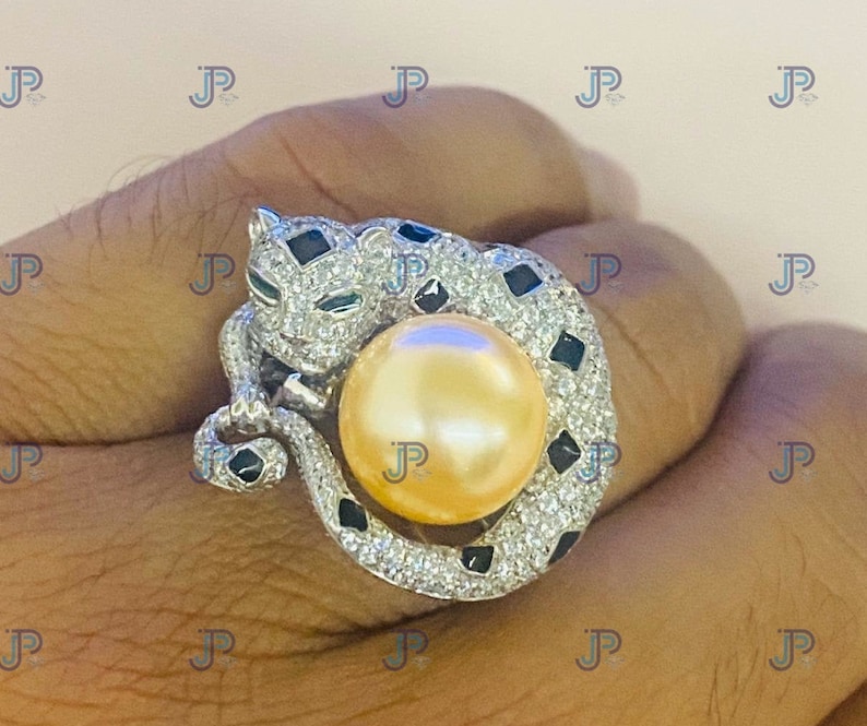 14.20 Cts Unique Panther Engagement Wedding Anniversary Ring for Gift To Love 925 Silver with Pearl