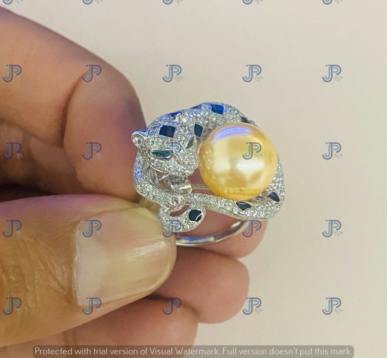 14.20 Cts Unique Panther Engagement Wedding Anniversary Ring for Gift To Love 925 Silver with Pearl
