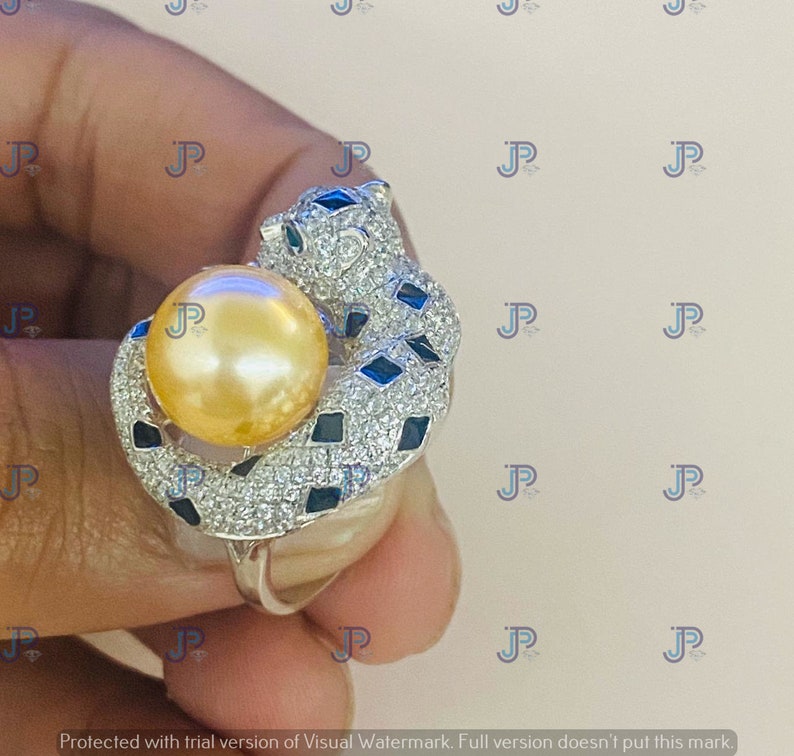 14.20 Cts Unique Panther Engagement Wedding Anniversary Ring for Gift To Love 925 Silver with Pearl