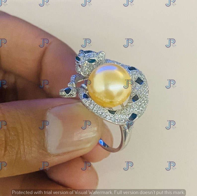 14.20 Cts Unique Panther Engagement Wedding Anniversary Ring for Gift To Love 925 Silver with Pearl