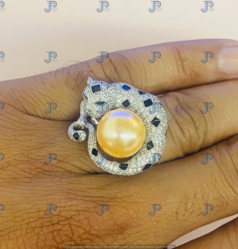 14.20 Cts Unique Panther Engagement Wedding Anniversary Ring for Gift To Love 925 Silver with Pearl