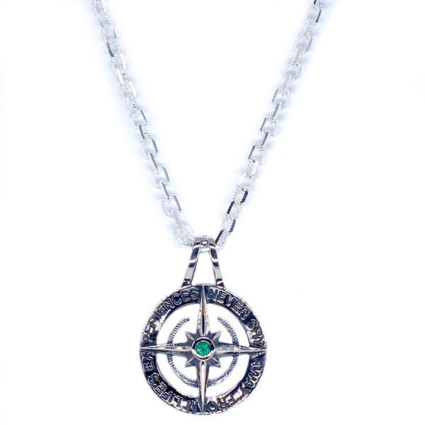 Men's 925 Silver & Emerald Compass Pendant with 925 Silver Chain Necklace by Global Zen Life