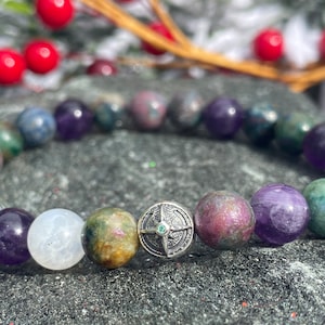 Ruby Apatite, Amethyst, Moonstone Beaded Bracelet, Sterling Silver, Emerald Accent
