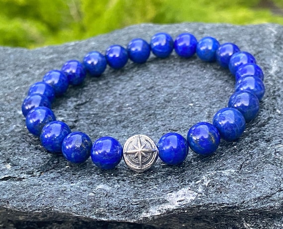 Lapis Bead Bracelet With Solid 925 Silver Bead With Stretch Cord