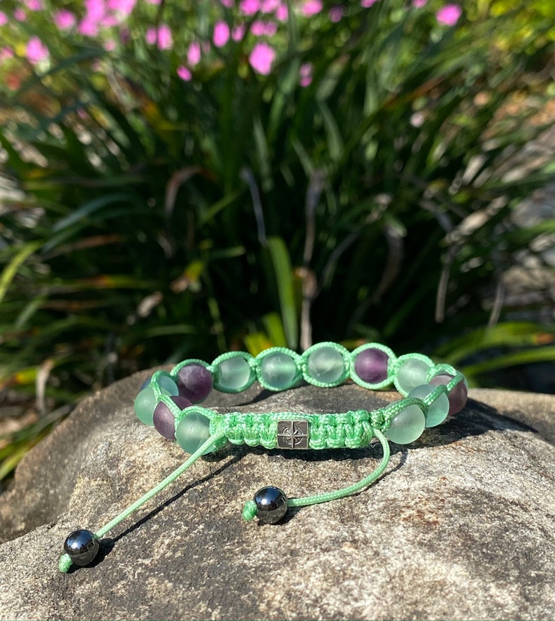 Mint Green Macrame Bracelet with Rainbow Fluorite beads and Sterling silver Global Zen Life square bead clasp