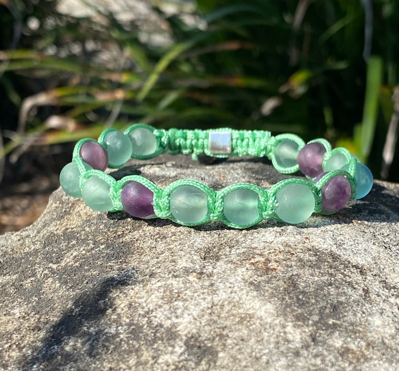 Mint Green Macrame Bracelet with Rainbow Fluorite beads and Sterling silver Global Zen Life square bead clasp