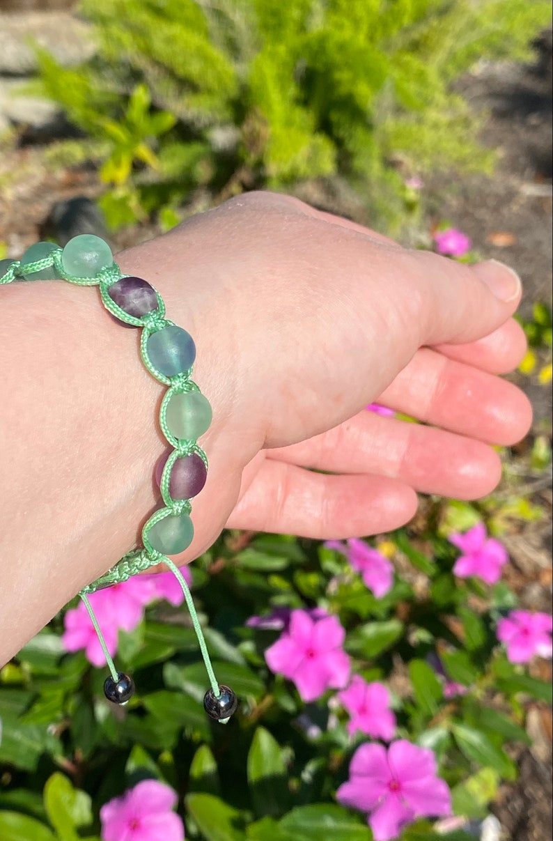 Mint Green Macrame Bracelet with Rainbow Fluorite beads and Sterling silver Global Zen Life square bead clasp