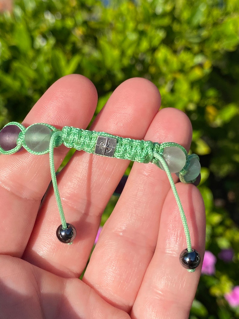 Mint Green Macrame Bracelet with Rainbow Fluorite beads and Sterling silver Global Zen Life square bead clasp