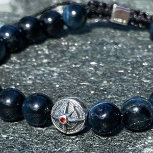Blue Tiger&#39;s Eye Beads, 925 Sterling Silver Bead with Garnet center stone Cord Bracelet, Boho Luxe Bracelet, Gemstone Bracelet