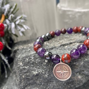 Brecciated Jasper, Hematite, & Amethyst 8mm Beads Stacking Stretch Bracelet with 925 Sterling Silver Amulet