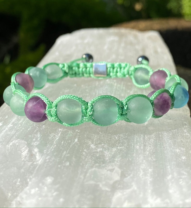 Mint Green Macrame Bracelet with Rainbow Fluorite beads and Sterling silver Global Zen Life square bead clasp