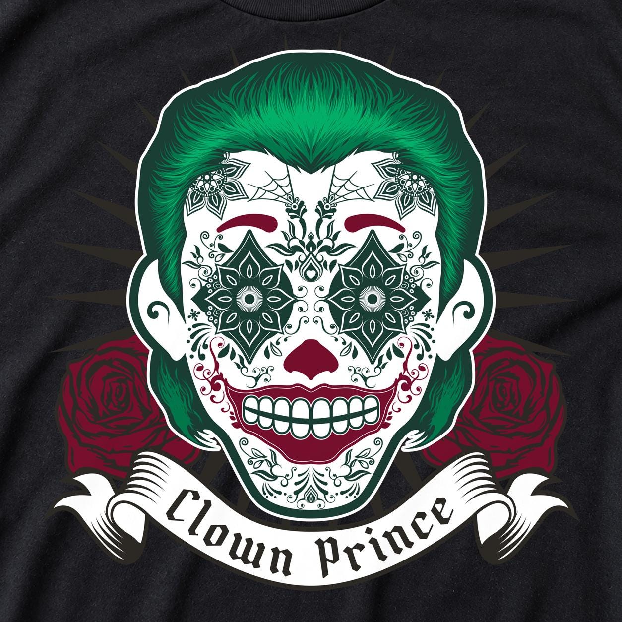 Clown prince sugar skull illustration with a wide grin
