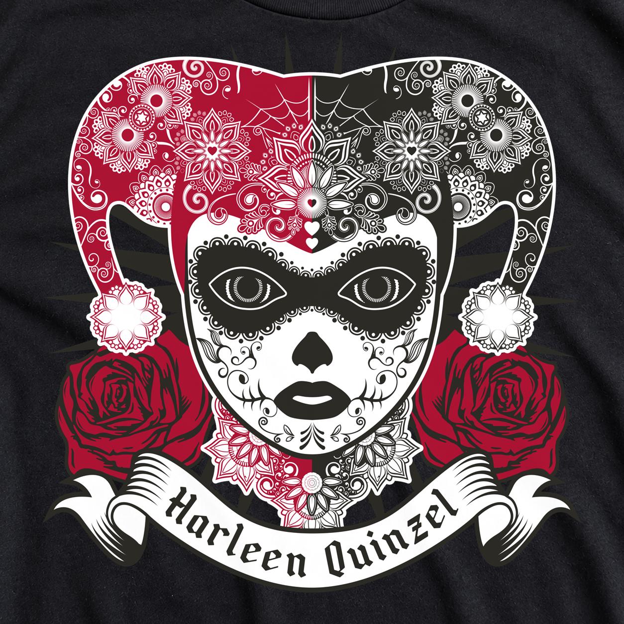 Harlequin-inspired sugar skull illustration