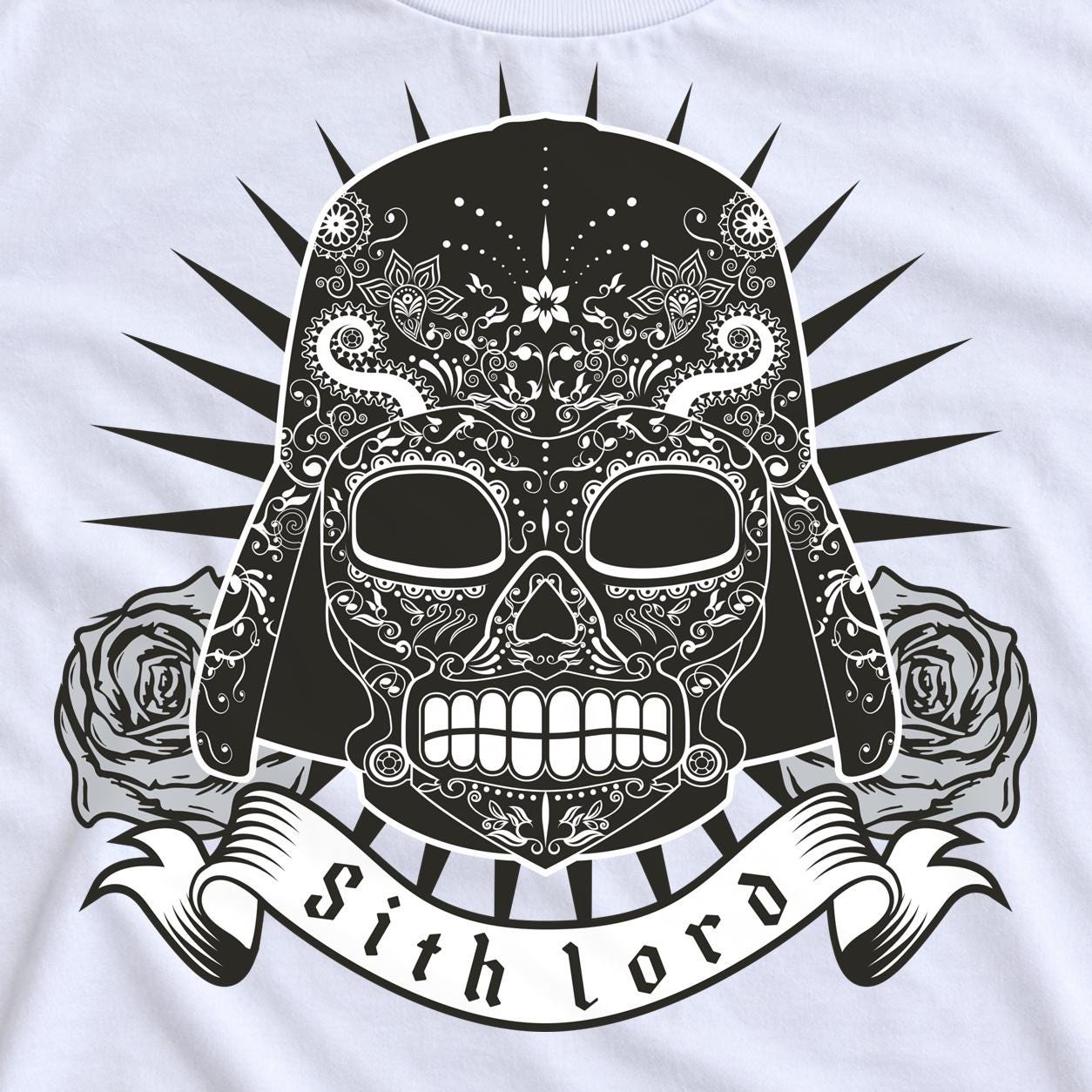 Detailed black and white Sith Lord calavera illustration