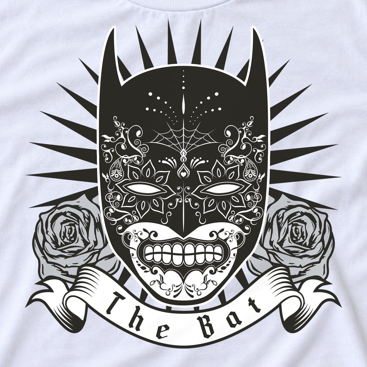 Masked bat hero rendered as an ornate sugar skull