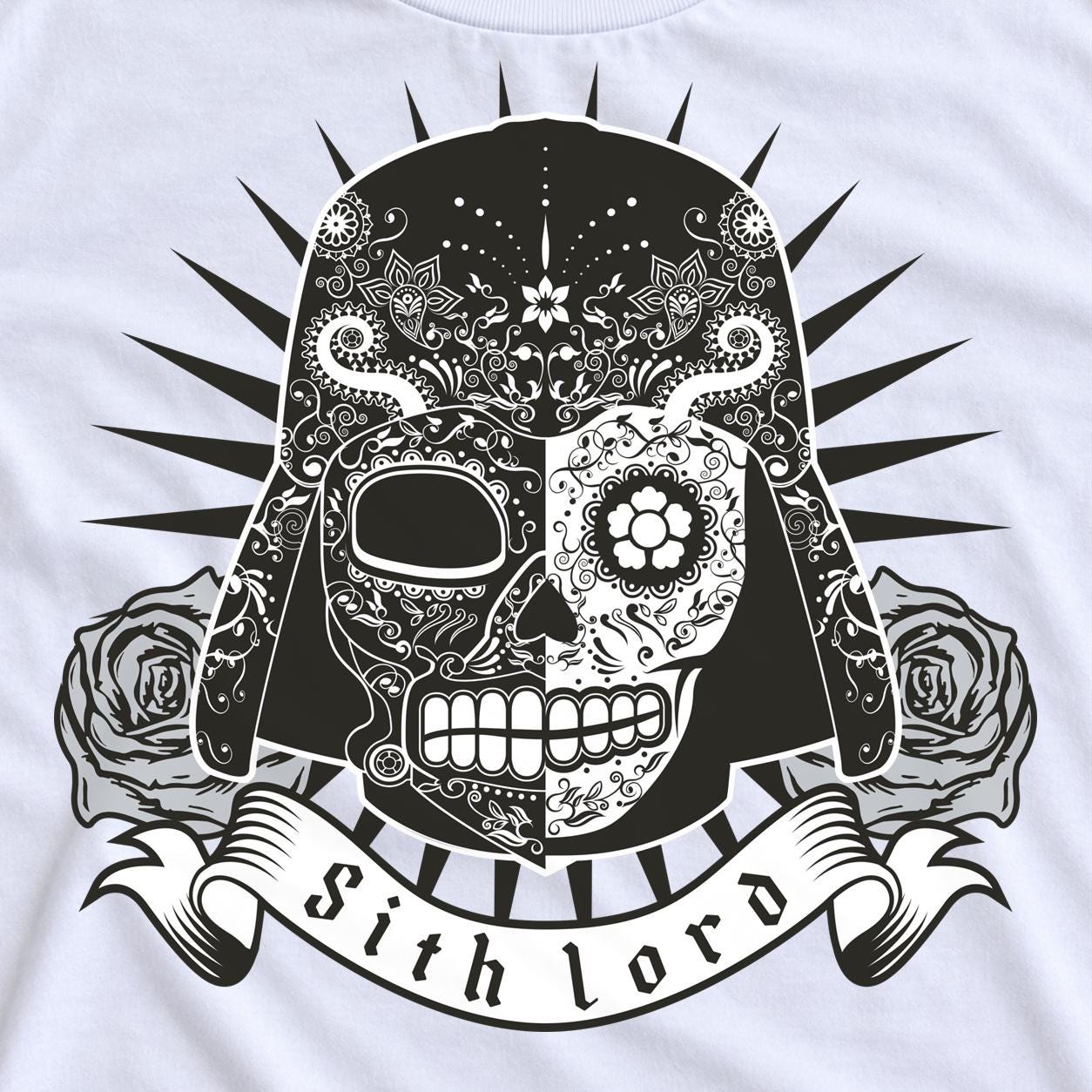 Black and white half-face Sith Lord sugar skull illustration