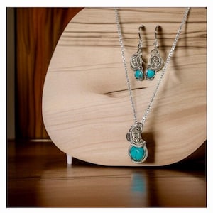 Wrapped Turquoise set. Silver necklace and earrings with turquoise cabochons