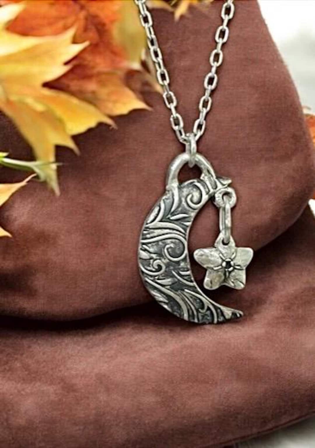 Sterling Silver Crescent Moon & Star Pendant - Etsy