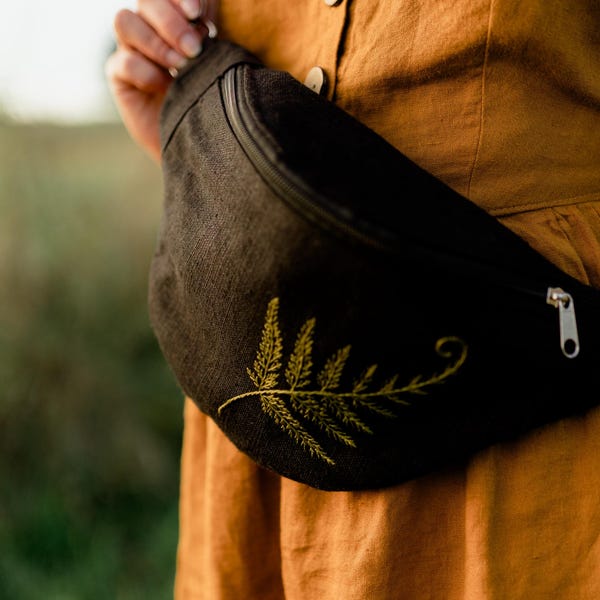 Fern Embroidered Linen Hip Bag: Handmade Festival Waist Pouch