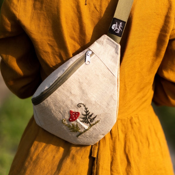 Hand Embroidered Belly Bag, Mushrooms, Amanita, Fern, Linen Hip pack