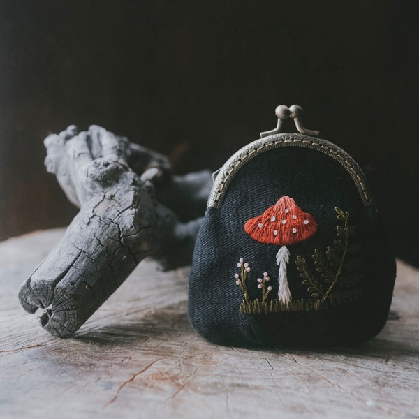 Linen purse hand embroidered, toadstool, fern, amanita shrooms, black vintage clutch, witch pouch, black magic small bag