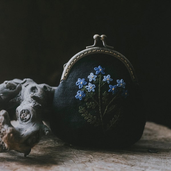 Linen purse hand embroidered, blue flowers, forget-me-nots, black vintage clutch