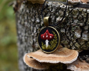 Toadstool embroidered black pendant, Magic mushroom jewelry, forest necklace