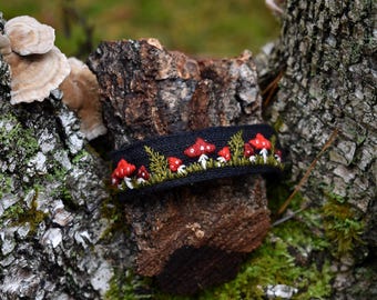 Embroidered Linen Cuff Bracelet: Black Fern & Toadstool - Adjustable