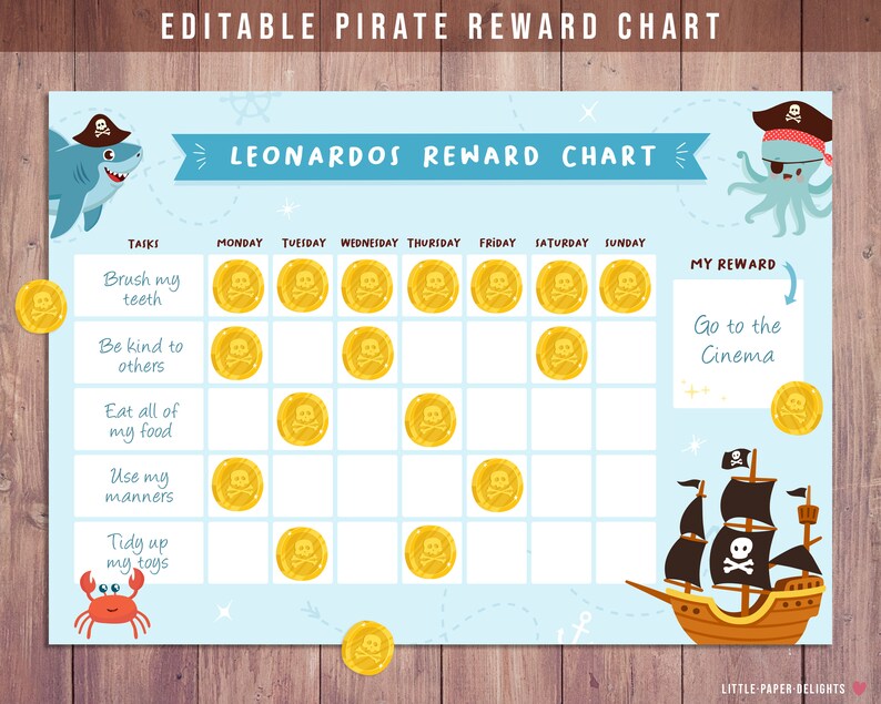 Editable Reward Chart Editable &amp; Printable A4 PDF Pirate | Etsy