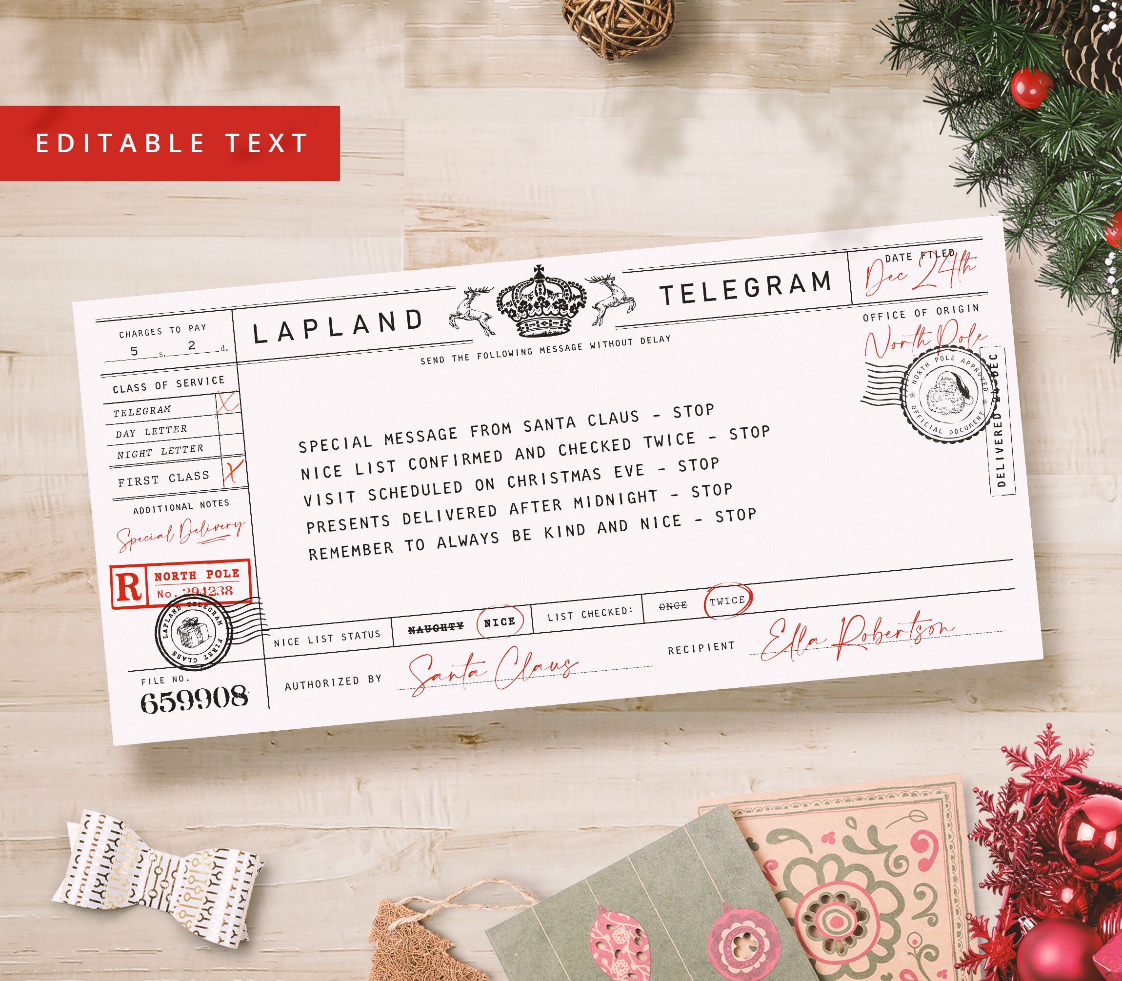EDITABLE Telegram from Santa / Editable Text / Printable | Etsy