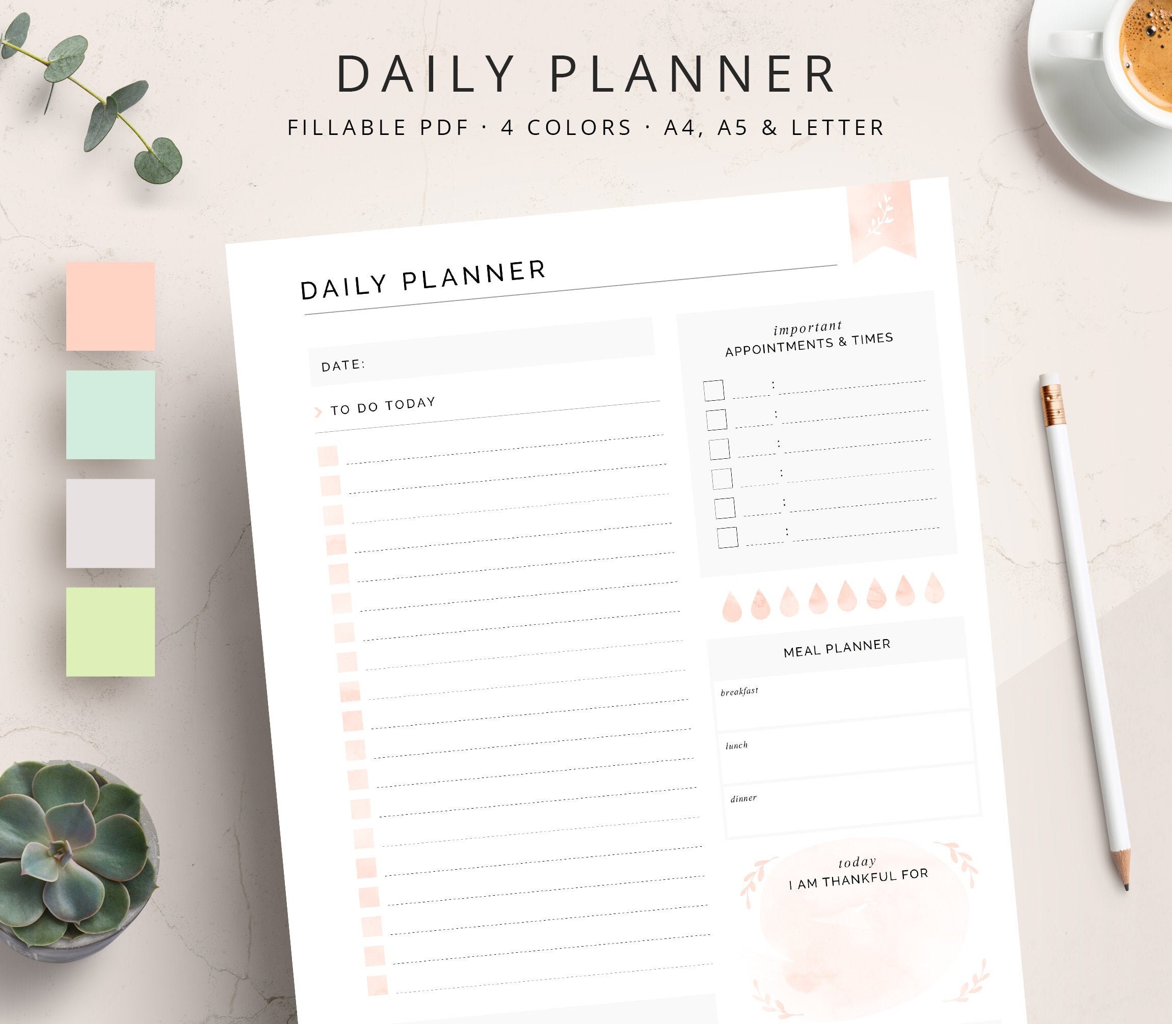 FILLABLE Daily Planner Printable / in 4 Colours / A4 A5 US Etsy Canada