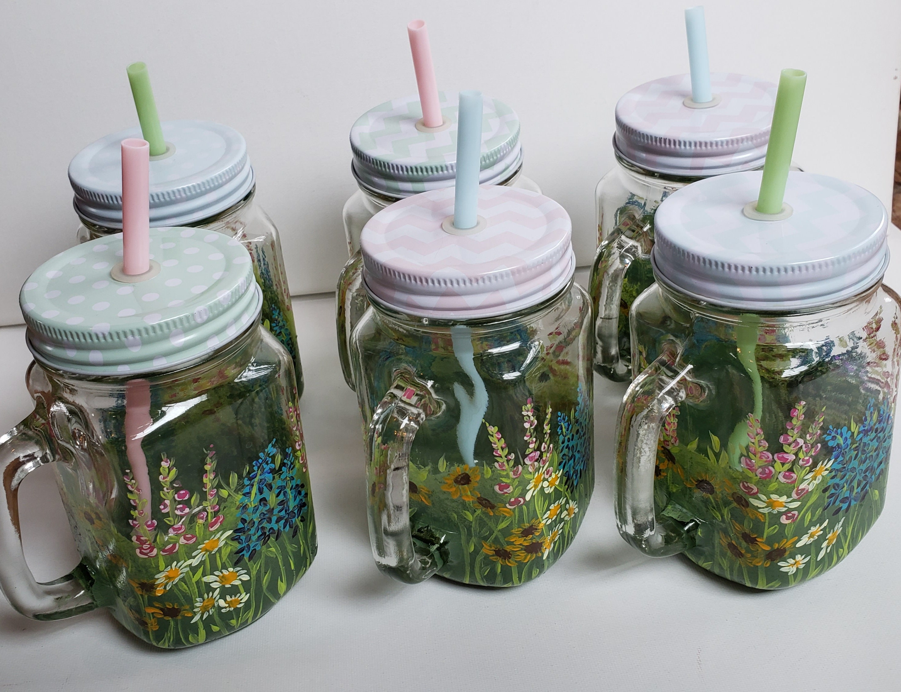 Mason Jar Drinking Glass Handpainted W/ Flowers Makes a Nice Etsy