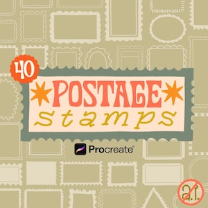 May include: A digital graphic featuring 40 postage stamps in various shapes and sizes arranged on a tan background. The central text reads 40 POSTAGE stamps in orange and yellow, with a Procreate logo and a circular no AI symbol in the corner.