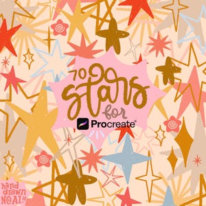 May include: A digital graphic featuring a pattern of hand-drawn stars in shades of red, orange, yellow, and blue on a light peach background. The center displays the text 70 stars for Procreate with the Procreate logo. Hand drawn no. 01 is at the bottom.