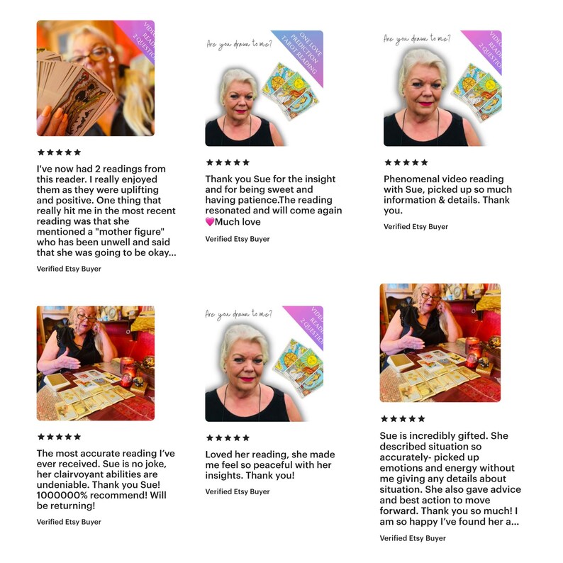 Puede incluir: Cinco rese&ntilde;as de clientes para una lectora de tarot. Cada rese&ntilde;a tiene cinco estrellas e incluye una foto de la lectora. Las rese&ntilde;as son positivas y destacan la precisi&oacute;n, la perspicacia y la capacidad de la lectora para conectar con sus clientes.
