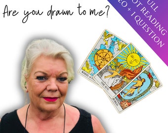 Puede incluir: Una mujer con el pelo corto y gris mira a la cámara. Detrás de ella hay tres cartas del tarot: La Rueda de la Fortuna, El Sol y El Mundo. El texto "Are you drawn to me?" está escrito sobre la cabeza de la mujer. El texto "FULL TAROT READING VIDEO + 1 QUESTION" está escrito en un cuadro degradado morado y azul en la esquina superior derecha de la imagen.