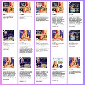 May include: A collection of Etsy listing screenshots featuring customer reviews for "Psychic Cynthia." The reviews highlight detailed readings, quick turnaround times, and positive experiences. The listings showcase a variety of reading types.