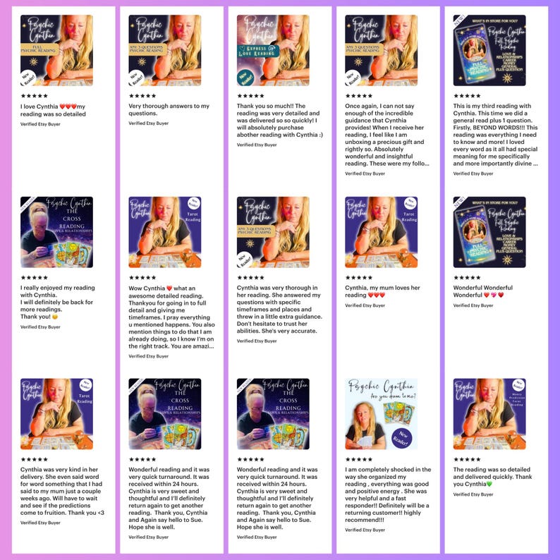 May include: A collection of Etsy listing screenshots featuring customer reviews for "Psychic Cynthia." The reviews highlight detailed readings, quick turnaround times, and positive experiences. The listings showcase a variety of reading types.