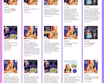 Può includere: Screenshot di annunci Etsy con recensioni dei clienti per "Psychic Cynthia". Le recensioni evidenziano letture dettagliate, tempi di consegna rapidi ed esperienze positive. Gli annunci mostrano una varietà di tipi di lettura.